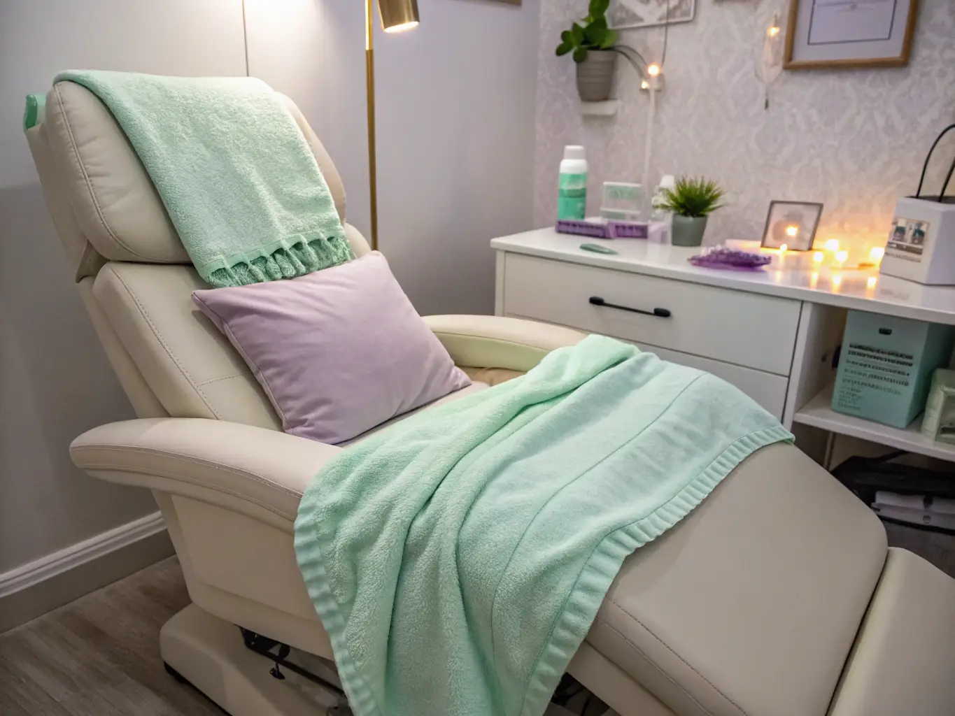 A plush, comfortable dental chair with a neck pillow and blanket, emphasizing the comfort and relaxation provided during treatments.