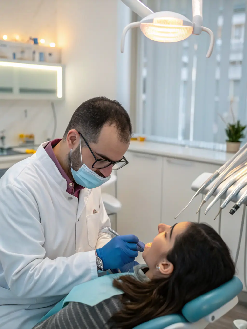 A dentist performing a routine check-up on a patient in a relaxed, spa-like dental setting, with soft lighting and comfortable seating.