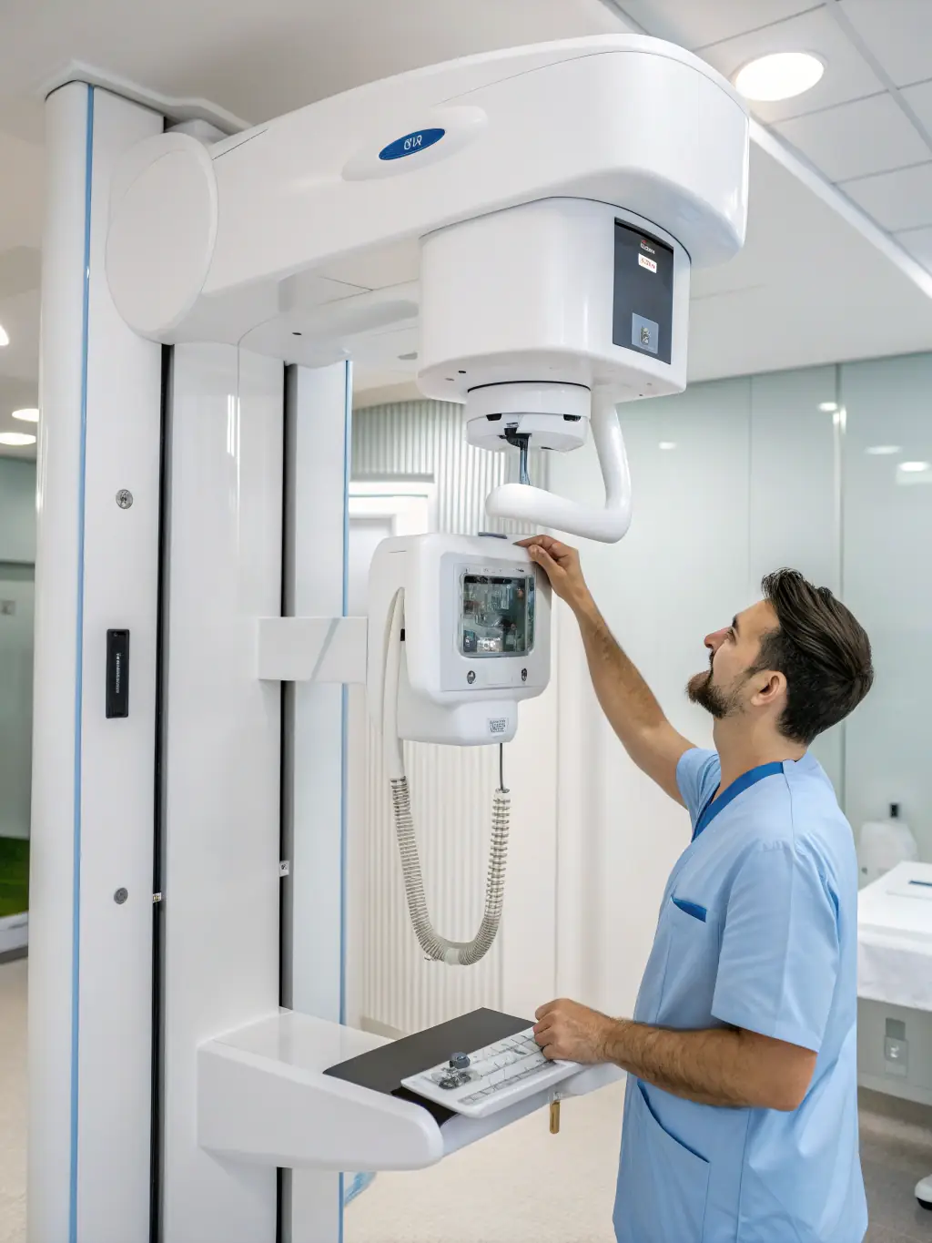 A dentist using advanced dental technology to perform a restorative procedure, such as a filling or crown placement, in a comfortable environment.
