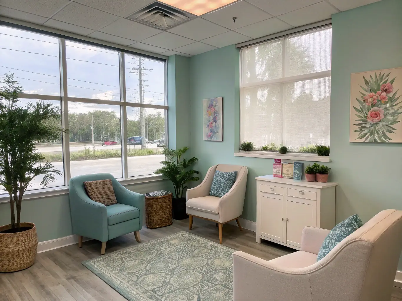 A softly lit treatment room with aromatherapy diffusers and a comfortable dental chair, creating a spa-like atmosphere in a dental clinic.
