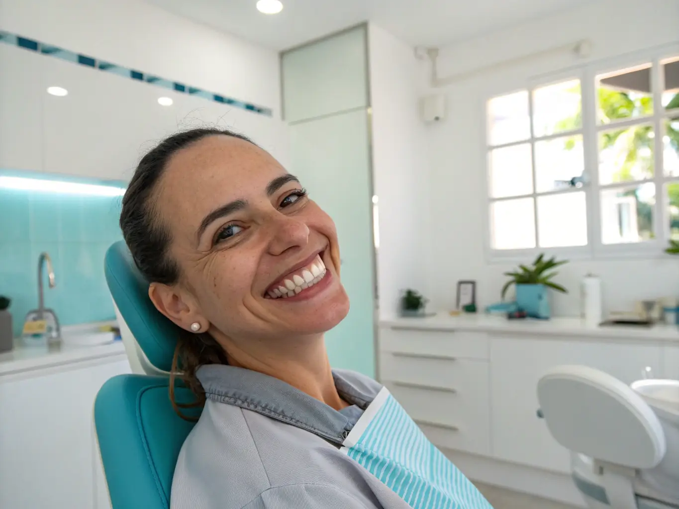 A patient smiling confidently after receiving cosmetic dental treatments, such as teeth whitening or veneers, in a luxurious dental spa environment.