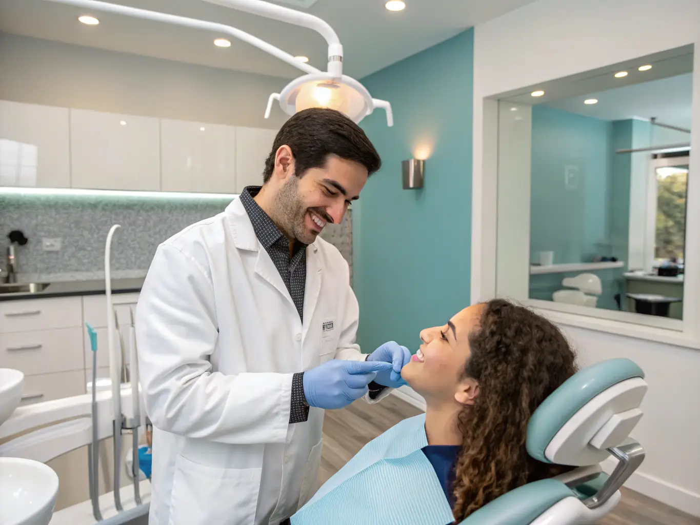 A dentist performing a routine dental cleaning on a patient in a modern, spa-like dental office setting. The patient is relaxed, and the dentist is using advanced tools to ensure thorough cleaning.